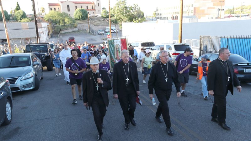 Bishop Mark J. Seitz of El Paso, Texas, Archbishop John C. Wester of Santa Fe, N.M., Phoenix Bishop John P. Dolan, and Bishop James A. Misko of Tucson, Ariz.., lead a procession following Border Mass 250, a binational gathering of faith, solidarity and recognition of the contributions of immigrants, at Sacred Heart Church in Nogales, Ariz., June 26, 2026. The prelates traveled through the port of entry to attend a rosary prayer and prayer service at the historic Purísima Concepción, or Church of the Immaculate Conception,in Nogales, Sonora, Mexico. (OSV News photo/Bob Roller)
