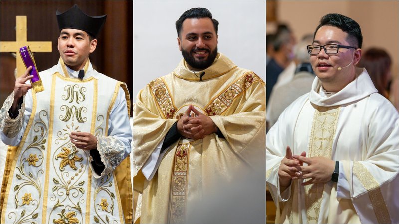 The three newly ordained priests in the Archdiocese of Los Angeles — Father Jerick Alenton, left, Father David Zamora, center, and Father Shengda “Martin” Zhu, right — celebrated their first Masses on May 31. (Joe Garcia III/Katie Trejo/John Rueda