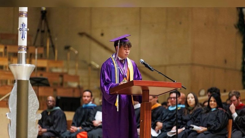 Franco Blancaflor speaks as the valedictorian during Cathedral High School’s graduation ceremony on May 22. (Submitted photo)