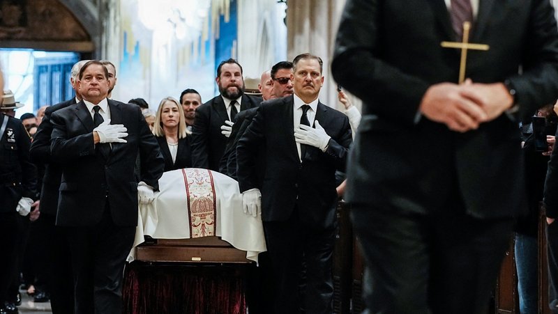 The casket of legendary Puerto Rican salsa musician Willie Colón arrives for his funeral Mass at St. Patrick's Cathedral in New York City March 9, 2026. (OSV News photo/Eduardo Munoz, Reuters)