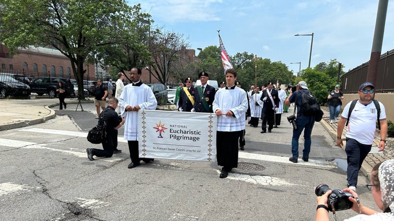 Pilgrims process during the final leg of the 2026 National Eucharistic Pilgrimage July 5, 2026, in Philadelphia. (OSV News photo/Gina Christian)