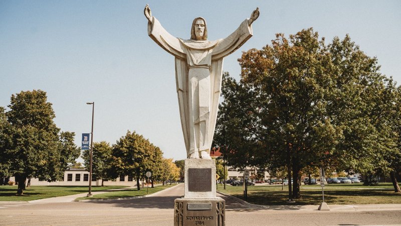 A statue of the risen Christ is pictured on the University of Detroit Mercy's McNichols campus in this undated photo. Starting in 2028, the Society of Jesus in the United States and Canada will combine its five novitiate programs in North America into two, with one of the new novitiates to be located at the University of Detroit Mercy's Lansing-Reilly Hall, the Jesuits' current residence on the campus. The other novitiate will be based in Culver City, California. (OSV News photo/Valaurian Waller, Detroit Catholic)