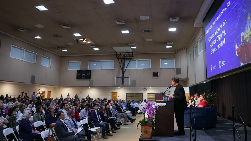 Bishop Oscar Cantú of San Jose, Calif., speaks during a June 6, 2026, gathering titled "Conversation on Human Dignity, Ethics, and AI," at Our Lady of Peace Church and Shrine in Santa Clara, Calif. (OSV News photo/Oliver Tapio, courtesy Diocese of San José)