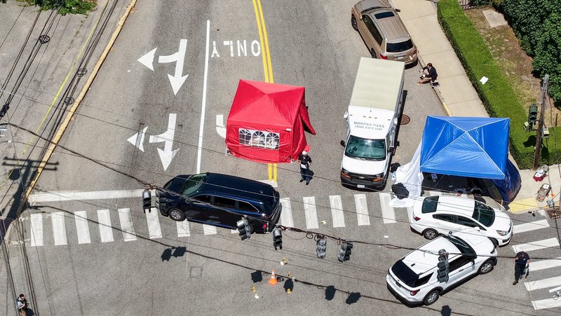 A drone view shows members of law enforcement working at the scene of a shooting in Biddeford, Maine, July 13, 2026, after a U.S. Immigration and Customs Enforcement agent fatally shot a motorist. The Department of Homeland Security in a statement said the officer opened fire after the driver allegedly tried to use his vehicle as a weapon against ICE agents. (OSV News photo/CJ Gunther, Reuters)