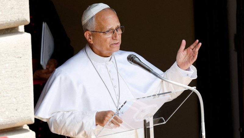 Pope Leo XIV leads the Angelus prayer in Piazza della Liberta in Castel Gandolfo, near Rome, July 26, 2026. He appealed for dialogue, diplomacy and prayers for a just peace in the Holy Land and the Middle East. (OSV News photo/Remo Casilli, Reuters)
