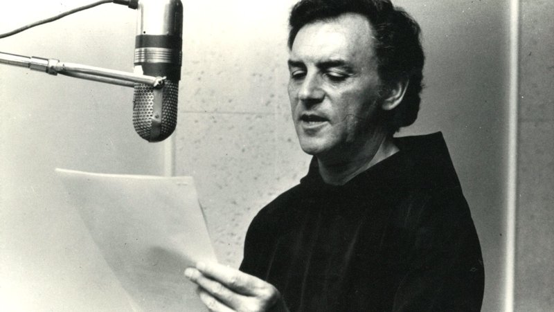 Father Tony Scannell records narration for a film project during his time as president of Franciscan Communications during the 1970s. (Tidings Archives)