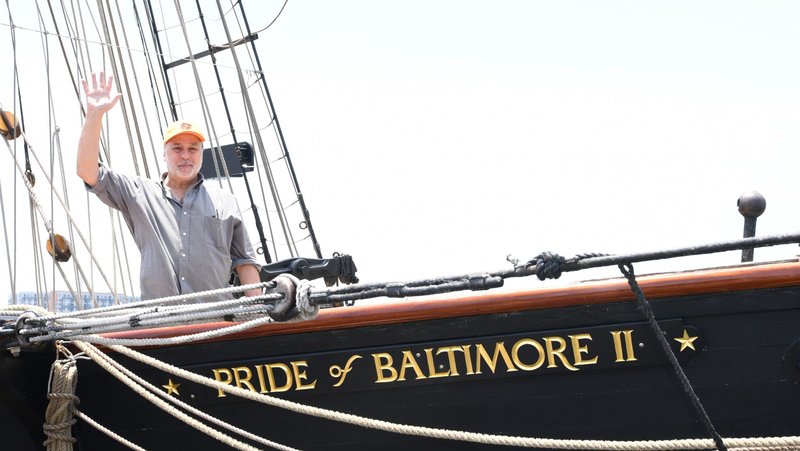 The author on board the Pride of Baltimore II during a trip from Baltimore to New York this summer. The ship is a reproduction of an early 19th-century schooner ship. (Jim Burger)