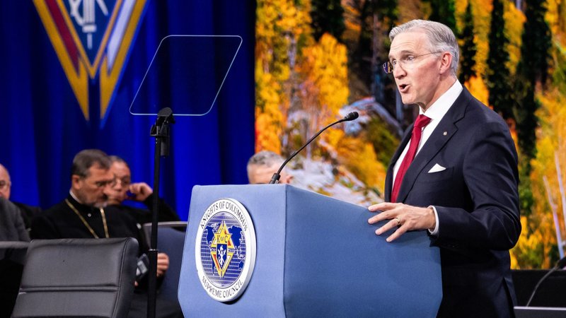 Supreme Knight Patrick E. Kelly delivers his annual report Aug. 4, 2026, at the 144th Supreme Convention of the Knights of Columbus in Denver. (OSV News photo/André Escaleira Jr., Denver Catholic)
