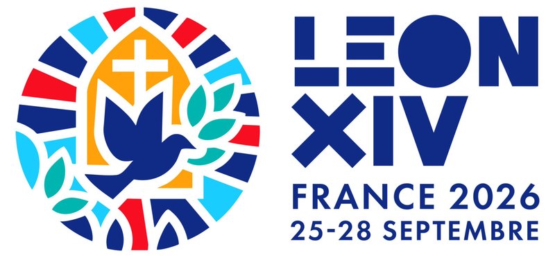 This is the logo for Pope Leo XIV's Sept. 25-28, 2026, apostolic journey to France. With the motto "That the world may have life,” the pope's first visit to France will include stops in Paris, Lourdes and Metz and a private meeting with victims of abuse in the Church. The logo features a stained-glass window, a cross and a dove carrying an olive branch, symbolizing the Church's unity, the apostolic and liturgical dimensions of the visit, and peace. (OSV News photo/courtesy Pope in France)
