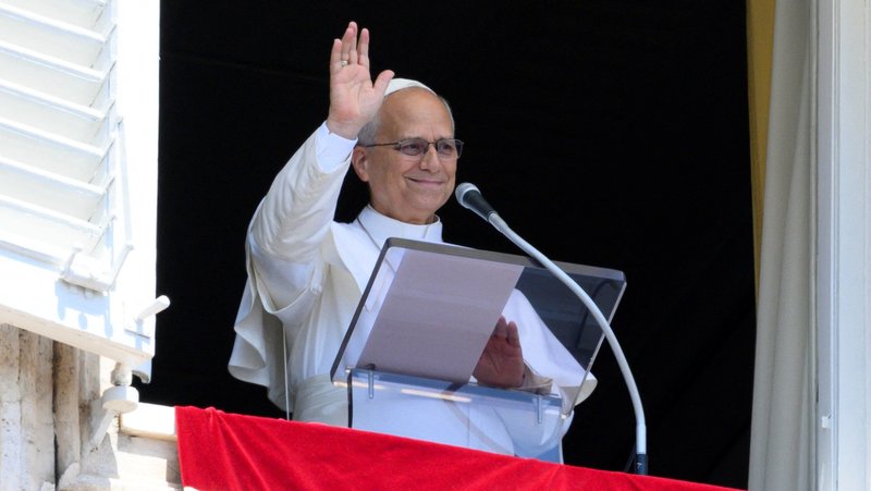 Pope Leo XIV gestures as he leads the weekly Angelus prayer from a window at the Vatican, August 9, 2026. (OSV News photo/Mario Tomassetti, Vatican Media via Reuters)