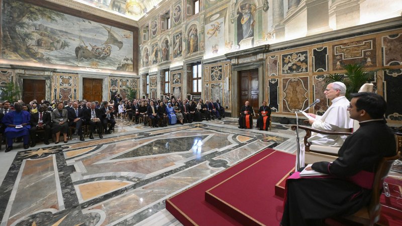 Pope Leo XIV meets with participants of the XVII Annual Meeting of International Catholic Legislators Network at the Vatican Aug. 21, 2026. (OSV News photo/Matteo Pernaselci, Vatican Media)