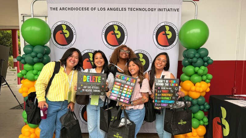 Participants pose at the Archdiocese of Los Angeles’ C3 Conference, an annual event focused on helping educators and ministry leaders navigate technology strategies and dilemmas. (Adrianne Lerma-Corcoran)
