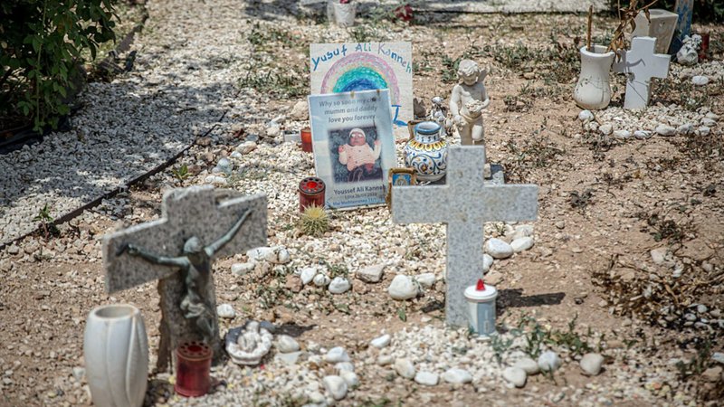 Crosses mark graves at a cemetery in Lampedusa that includes the bodies of people who have died in the Mediterranean Sea. (EWTN News/Sally Hayden/SOPA Images/LightRocket via Getty Images)