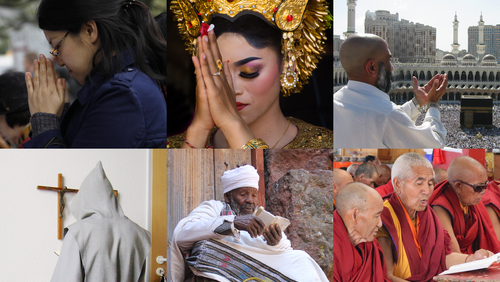A collage of different prayers from major religions. (Wikimedia Commons)
