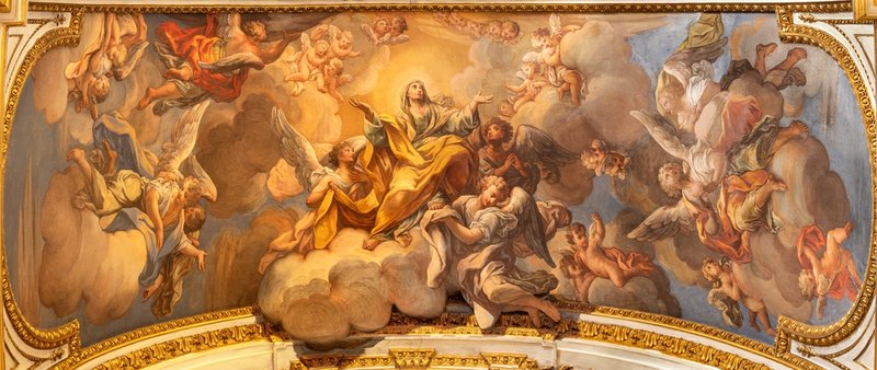 The ceiling fresco of Assumption in the church Chiesa San Paolo alla Regola by unknown baroque artist, Rome, Italy. (Renata Sedmakova / Shutterstock.com)
