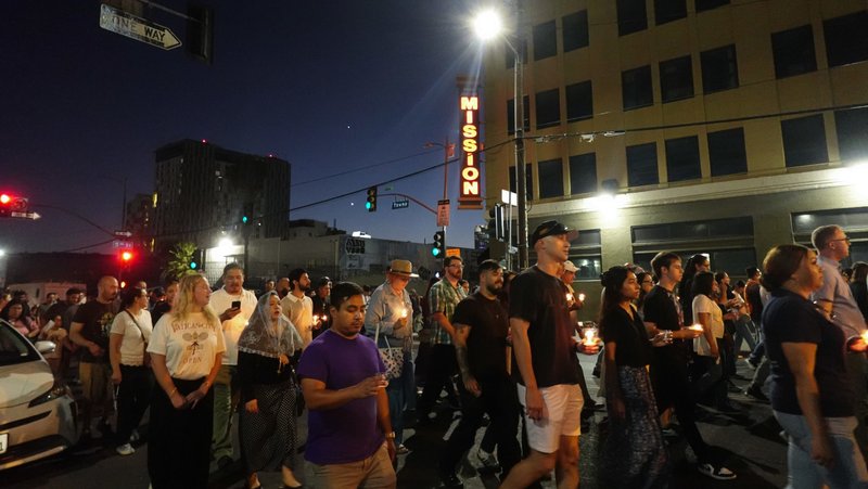 Hundreds take part in a Eucharistic procession through the streets of Skid Row in downtown Los Angeles on Aug. 1. (Katie Trejo)