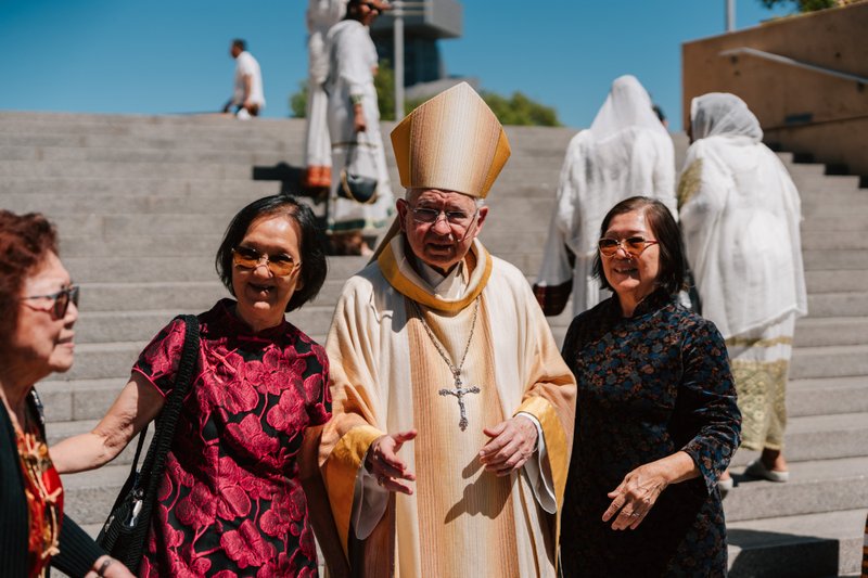 Archbishop José H. Gomez greets the faithful following the "One Mother, Many Peoples" Mass at the Cathedral of Our Lady of the Angels on Sept. 5. (Peter Lobato)