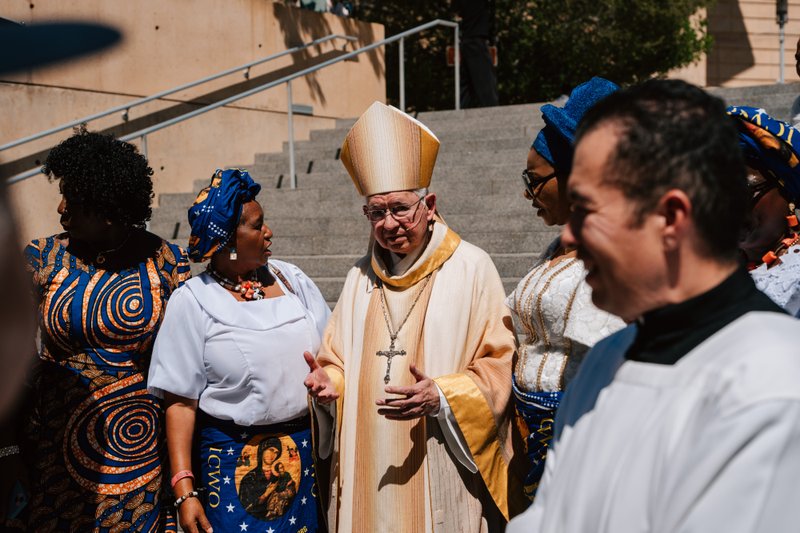 Archbishop José H. Gomez greets the faithful following the "One Mother, Many Peoples" Mass at the Cathedral of Our Lady of the Angels on Sept. 5. (Peter Lobato)