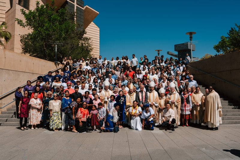 Archbishop José H. Gomez poses with the bishops, priests, and the faithful who attended the "One Mother, Many Peoples" Mass at the Cathedral of Our Lady of the Angels on Sept. 5. (Peter Lobato)