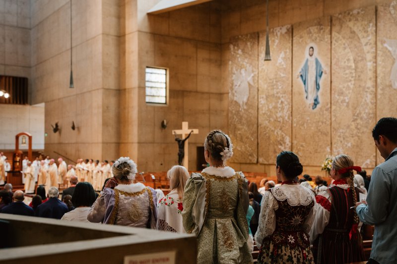 Attendees dressed in cultural, ethnic, and religious clothing participate in the "One Mother, Many Peoples" Mass at the Cathedral of Our Lady of the Angels on Sept. 5. (Peter Lobato)