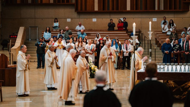Archbishop José H. Gomez presides over the "One Mother, Many Peoples" Mass at the Cathedral of Our Lady of the Angels on Sept. 5. (Peter Lobato)