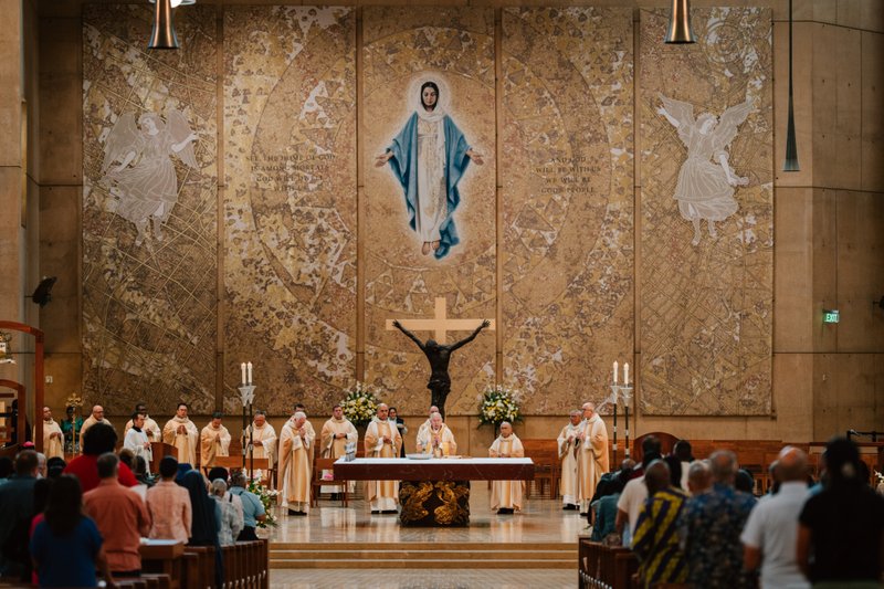 Archbishop José H. Gomez presides over the "One Mother, Many Peoples" Mass at the Cathedral of Our Lady of the Angels on Sept. 5. (Peter Lobato)