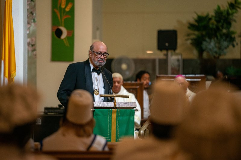 Greg Warner Sr. speaks at a Sept. 6, 2026 Mass of Thanksgiving for his election as supreme navigator of the Knights of Peter Claver at Transfiguration Church in Los Angeles. (John Rueda)