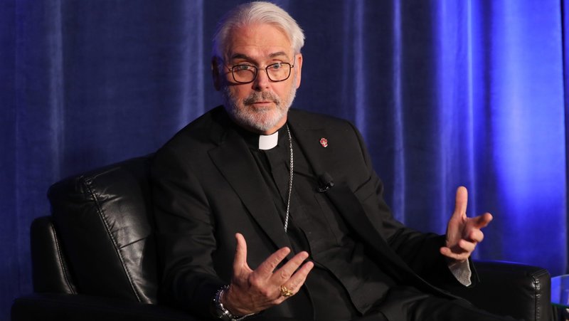 Archbishop Paul S. Coakley of Oklahoma City, president of the U.S. Conference of Catholic Bishops, gestures during a news briefing during a June 10, 2026, session of the annual spring meeting of the USCCB in Orlando, Fla. (OSV News photo/Bob Roller)