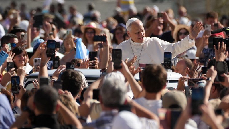 Pope Leo XIV greets visitors and pilgrims from the popemobile while riding around St. Peter’s Square at the Vatican before his weekly general audience Sept. 2, 2026. (CNS photo/Lola Gomez)