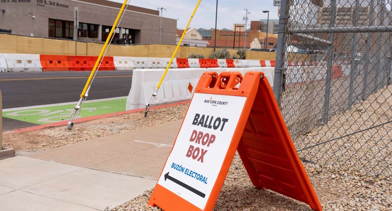 A sign directs voters to a ballot drop box at Maricopa County Ballot Tabulation Center in Phoenix July 21, 2026, during Arizona's primary election. Voters in multiple states will consider ballot measures on topics ranging from abortion and gender policy to housing and tax policy in November. (OSV News photo/Rebecca Noble, Reuters)