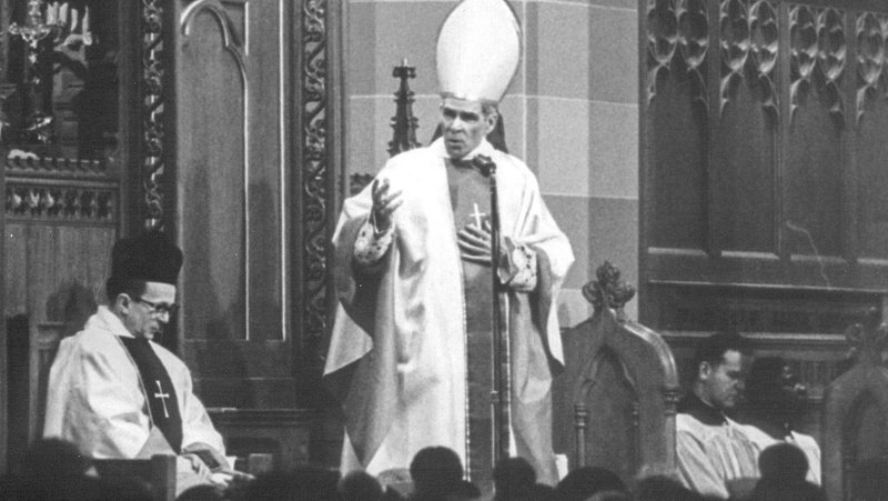 Then-Bishop Fulton J. Sheen speaks inside of Sacred Heart Cathedral in Rochester, NY, the day of his installation as the sixth bishop of Rochester Dec. 15, 1966. (OSV News photo/courtesy Diocese of Rochester Archives)
