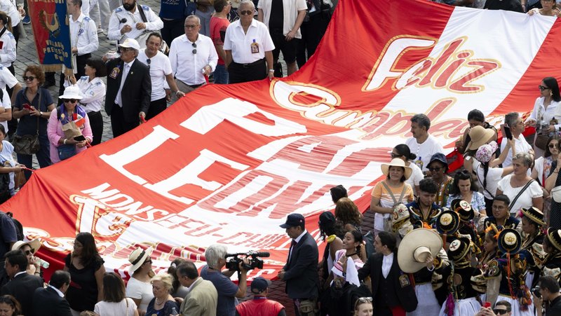 A group of people from the Peruvian city of Monsefú in the province of Chiclayo, where the pope had served as bishop for eight years, holds a sign wishing Pope Leo XIV a happy birthday as they join the pope for the recitation of the Angelus prayer in St. Peter's Square at the Vatican Sept. 14, 2025. Pope Leo will visit Peru Nov. 11-17, 2026. (CNS photo/Vatican Media)