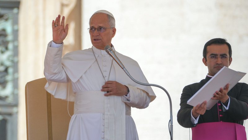 Pope Leo XIV gives his blessing at the conclusion of his weekly general audience in St. Peter’s Square at the Vatican audience Sept. 16, 2026. (CNS photo/Lola Gomez)