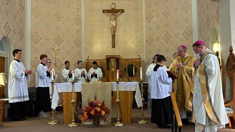 Bishop John O. Barres of Rockville Centre, chairman of the board of directors of The Pontifical Mission Societies, U.S.A., celebrates Mass at St. Mary's Church in El Paso, Ill. Sept. 26, 2026. Blessed Fulton J. Sheen was baptized at St. Mary's on May 12, 1895, and Bishop Barres was baptized by Blessed Sheen decades later in New York. (OSV News photo/Gretchen R. Crowe)