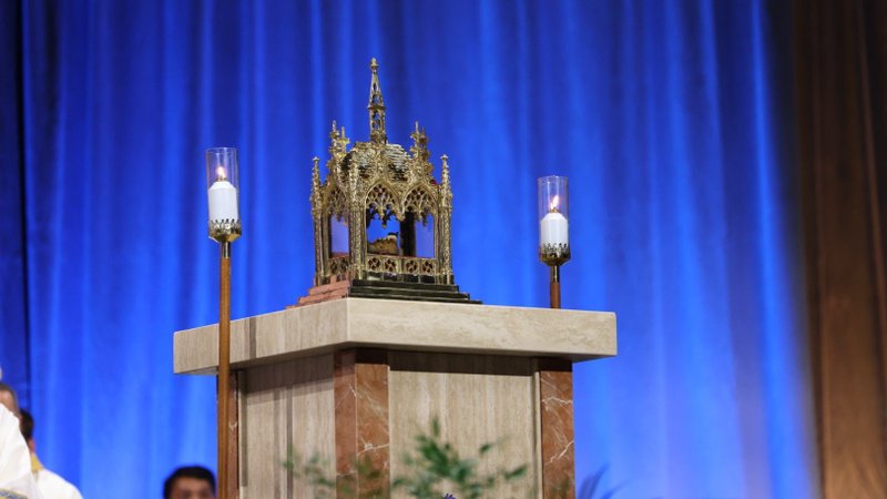 A major relic of Blessed Fulton J. Sheen is displayed at his beatification Mass Sept. 24, 2026, at The Dome at America's Center in St. Louis. (OSV News photo/Margaret Murray)