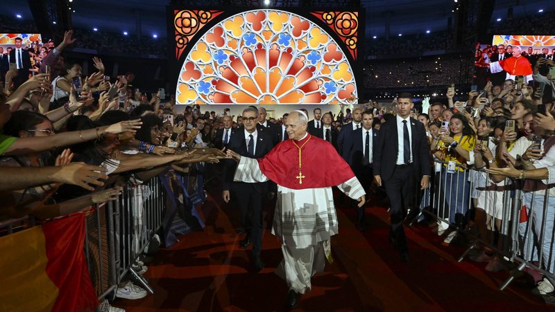 Pope Leo XIV greets young people during a prayer vigil at the Stade de France in Saint-Denis, France, Sept. 25. (OSV News/Simone Risoluti, Vatican Media)
