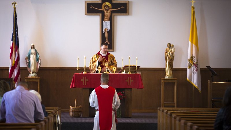 A priest is picture in a file photo celebrating Mass at the base chapel at Malmstrom Air Force Base in Great Falls, Mont. U.S. Secretary of Defense Pete Hegseth announced Sept. 30 that he is starting an Office of Religious Affairs that reports directly to him. (OSV News photo photo/Chaz Muth)