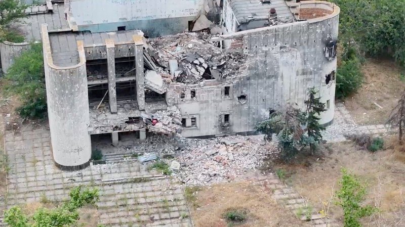 A still image taken from an undated drone video released Sept. 12, 2026, shows a destroyed building in Oleshky, the Kherson region of Russian-controlled Ukraine. (OSV News photo/34th Separate Marine Brigade "Borysfen" handout via Reuters)