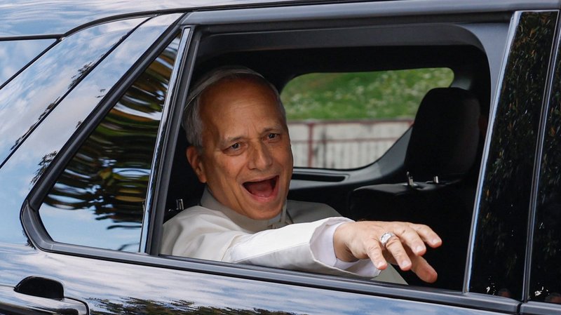 Pope Leo in Ford leaving hospital after cancer surgery.