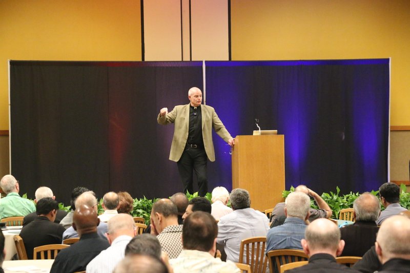 Father Brendan McGuire speaks at the annual Presbyteral Day gathering at the Cathedral of Our Lady of the Angels Sept. 28. (Pablo Kay)