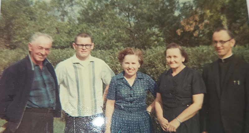 From 1966, left to right: Father Ron’s dad; 18-year-old Ron; a friend of his mother; his mother; and his older brother, already a priest, Father Wendelin. (Courtesy Father Ron Rolheiser)