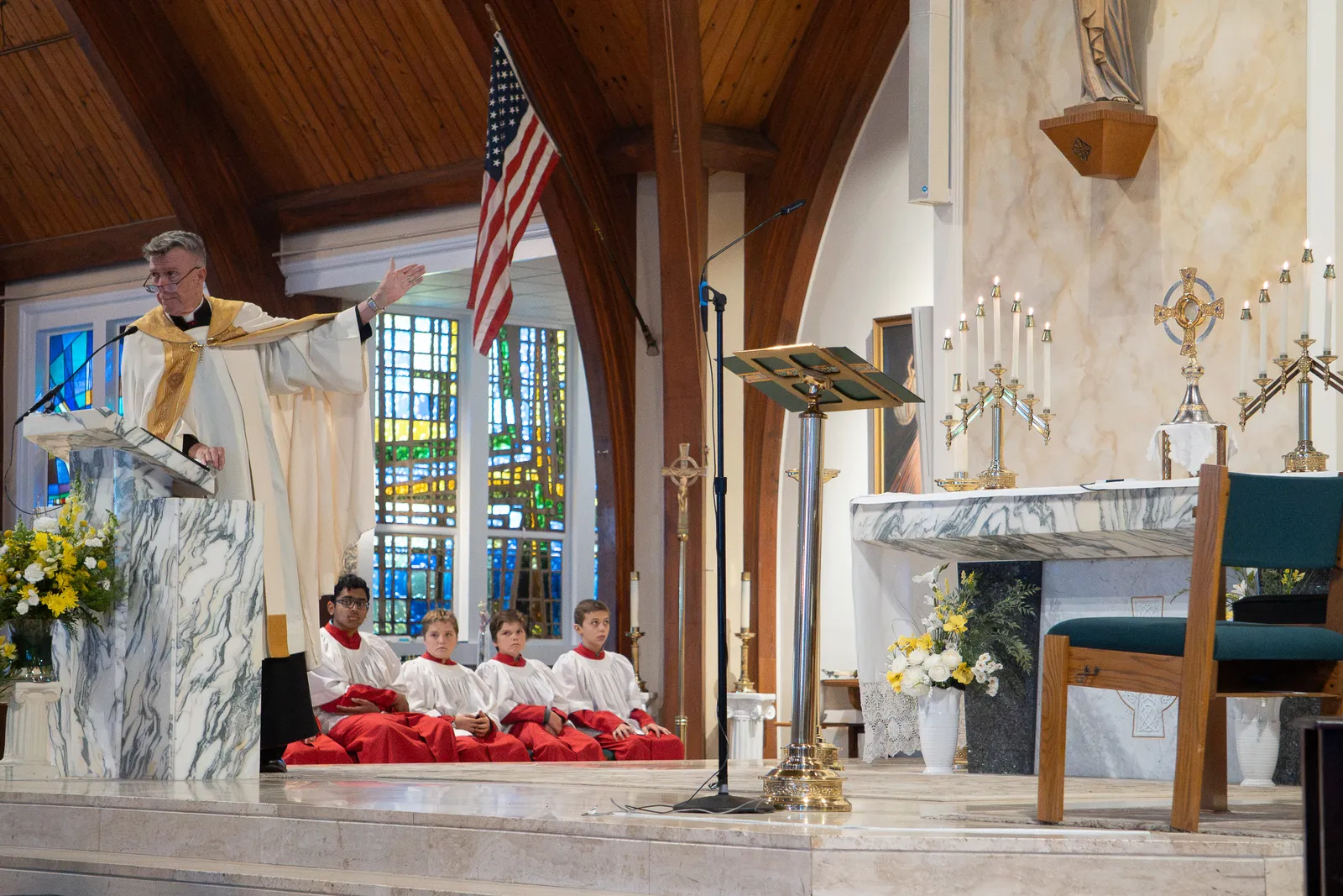 Msgr. Charles J. Parry, the pastor of St. Patrick Parish in Rockville, Maryland, speaks after leading an outdoor Eucharistic procession to St. Patrick Church on Oct. 18, 2026 following a Mass marking the parish’s 60th anniversary. (Catholic Standard photo by Margaret Ardillo)