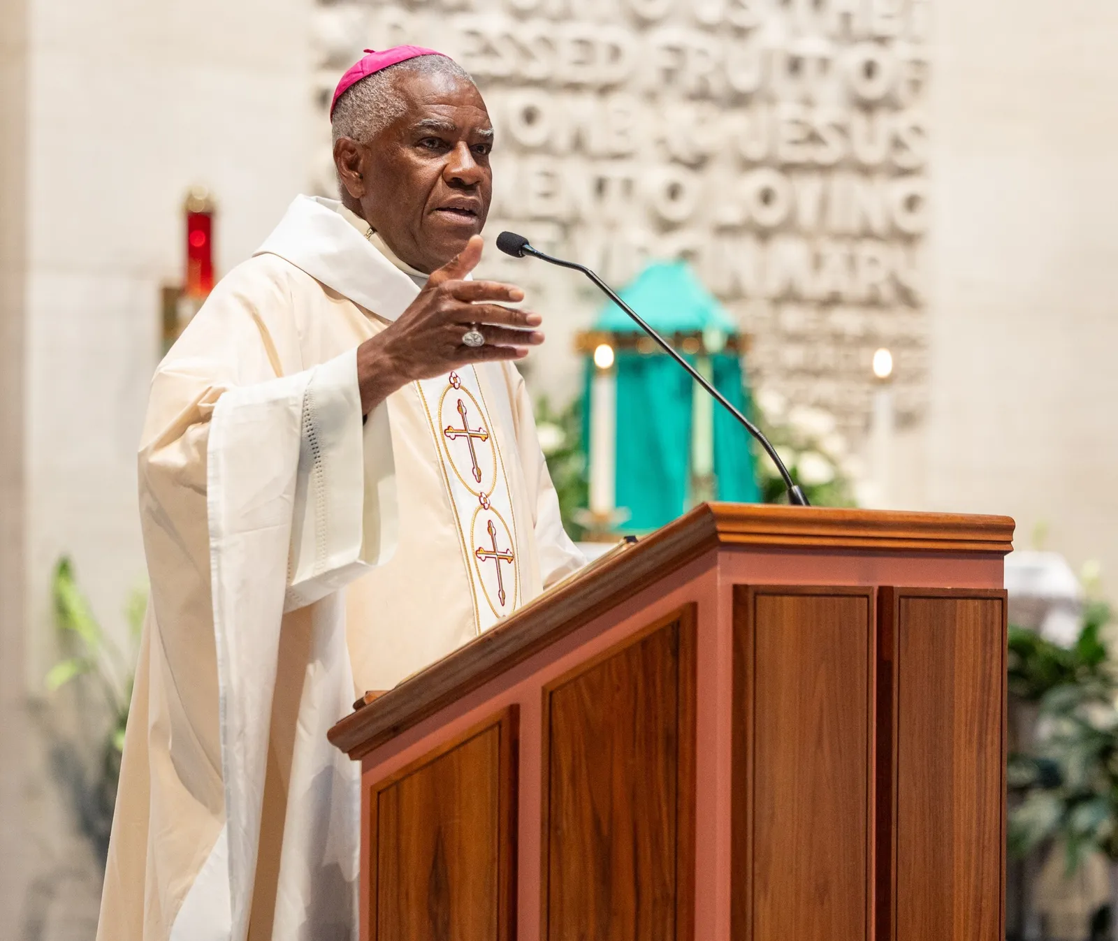 Bishop Jacques Fabre-Jeune, CS, of Charleston, South Carolina, speaks at Our Lady of Sorrows Church in Takoma Park, Maryland, on July 28, 2026 during a Mass of Solidarity with the Haitian community and those impacted by changes to immigration policy. (Catholic Standard photo by Mihoko Owada)