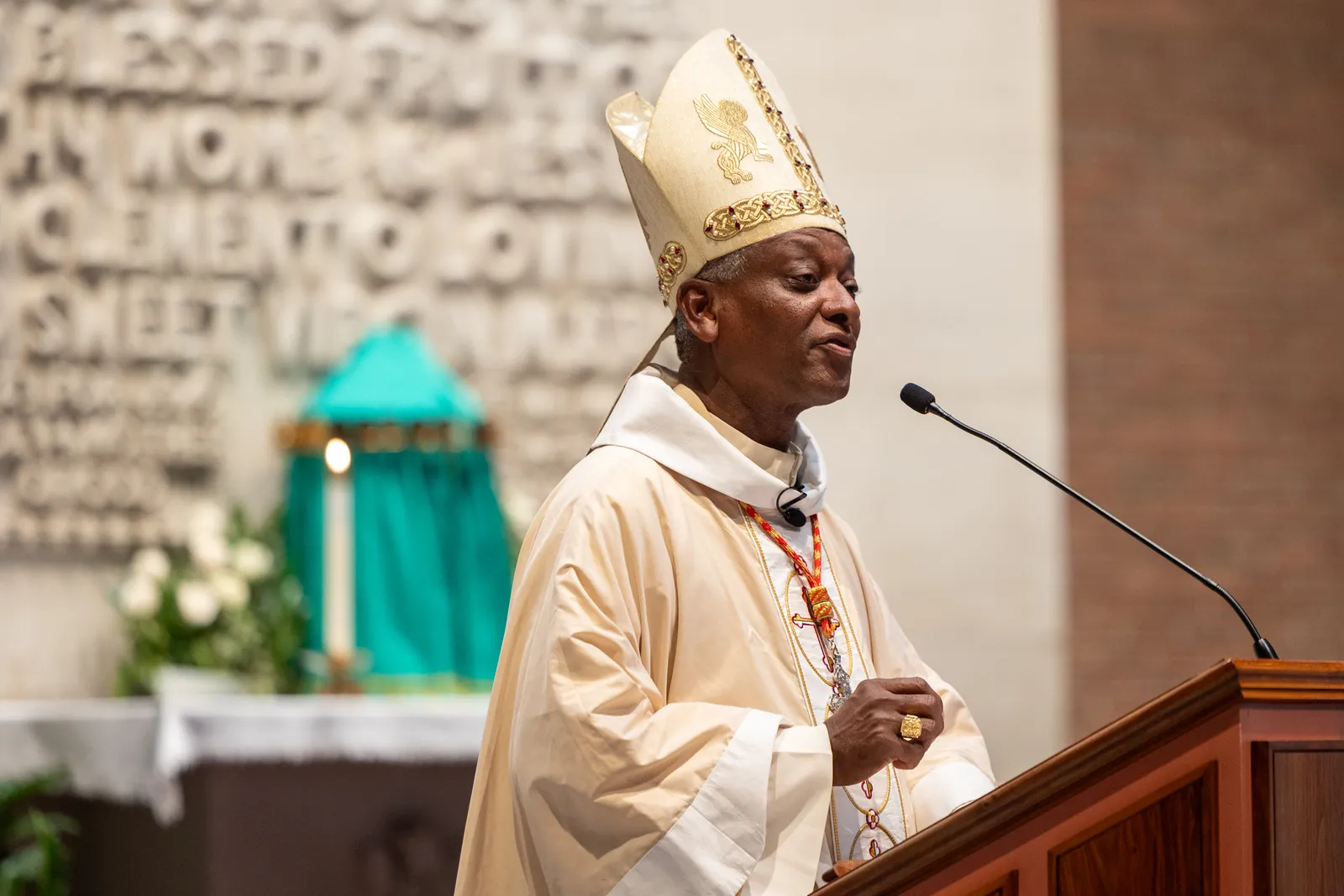 Cardinal Chibly Langlois of Les Cayes, Haiti, gives the homily at Our Lady of Sorrows Church in Takoma Park, Maryland, on July 28, 2026 during a Mass of Solidarity with the Haitian community and those impacted by changes to immigration policy. (Catholic Standard photo by Mihoko Owada)