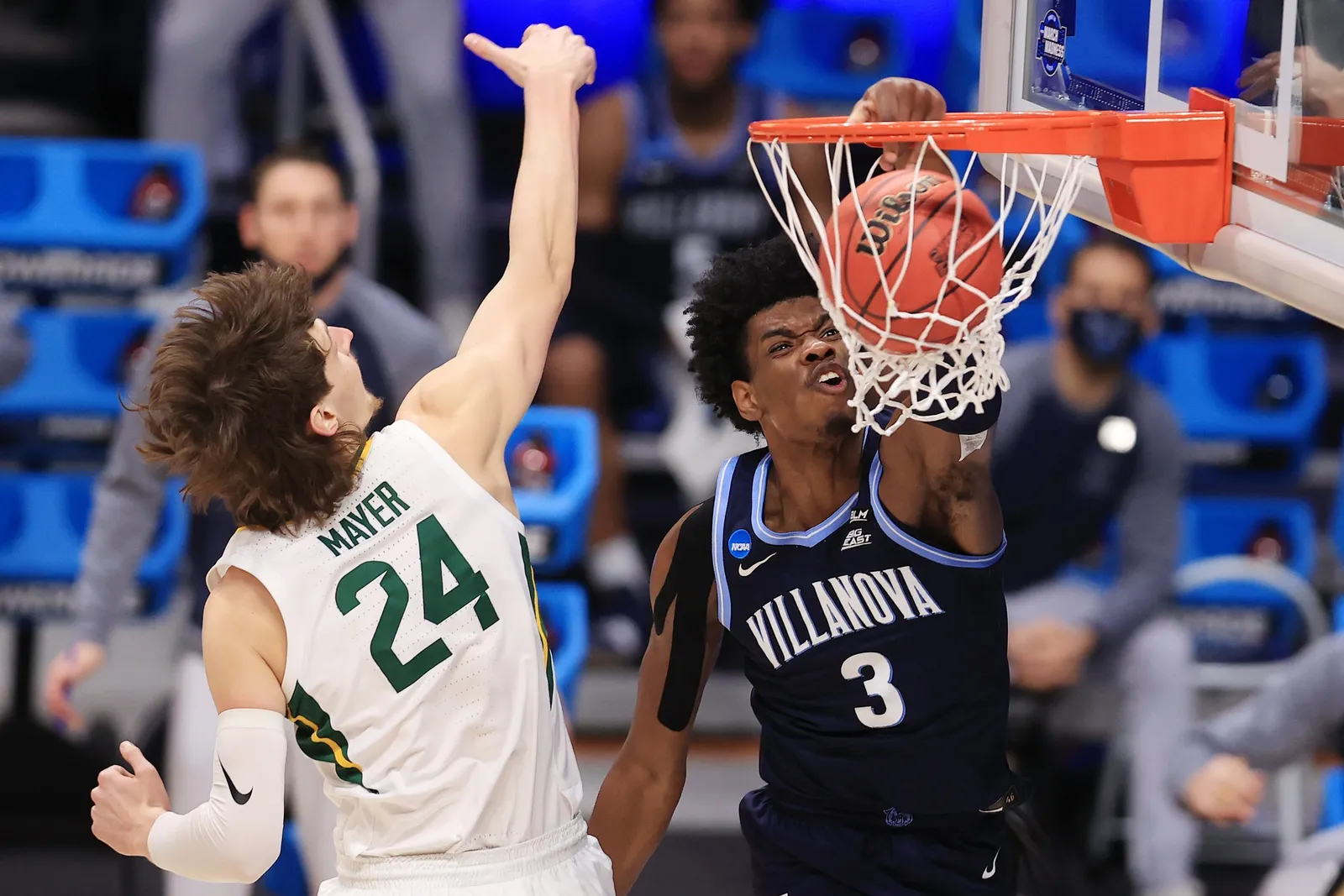 Villanova Wildcats forward Brandon Slater dunks against Baylor Bears guard Matthew Mayer in the second half during the Sweet 16 of the 2021 NCAA Tournament at Hinkle Fieldhouse in Indianapolis March 27. Baylor won the game 62-51. Notre Dame and Villanova's men's and women's basketball teams will open the college season in Rome Nov. 1, 2026. (OSV News photo/Aaron Doster, USA TODAY Sports via Reuters)