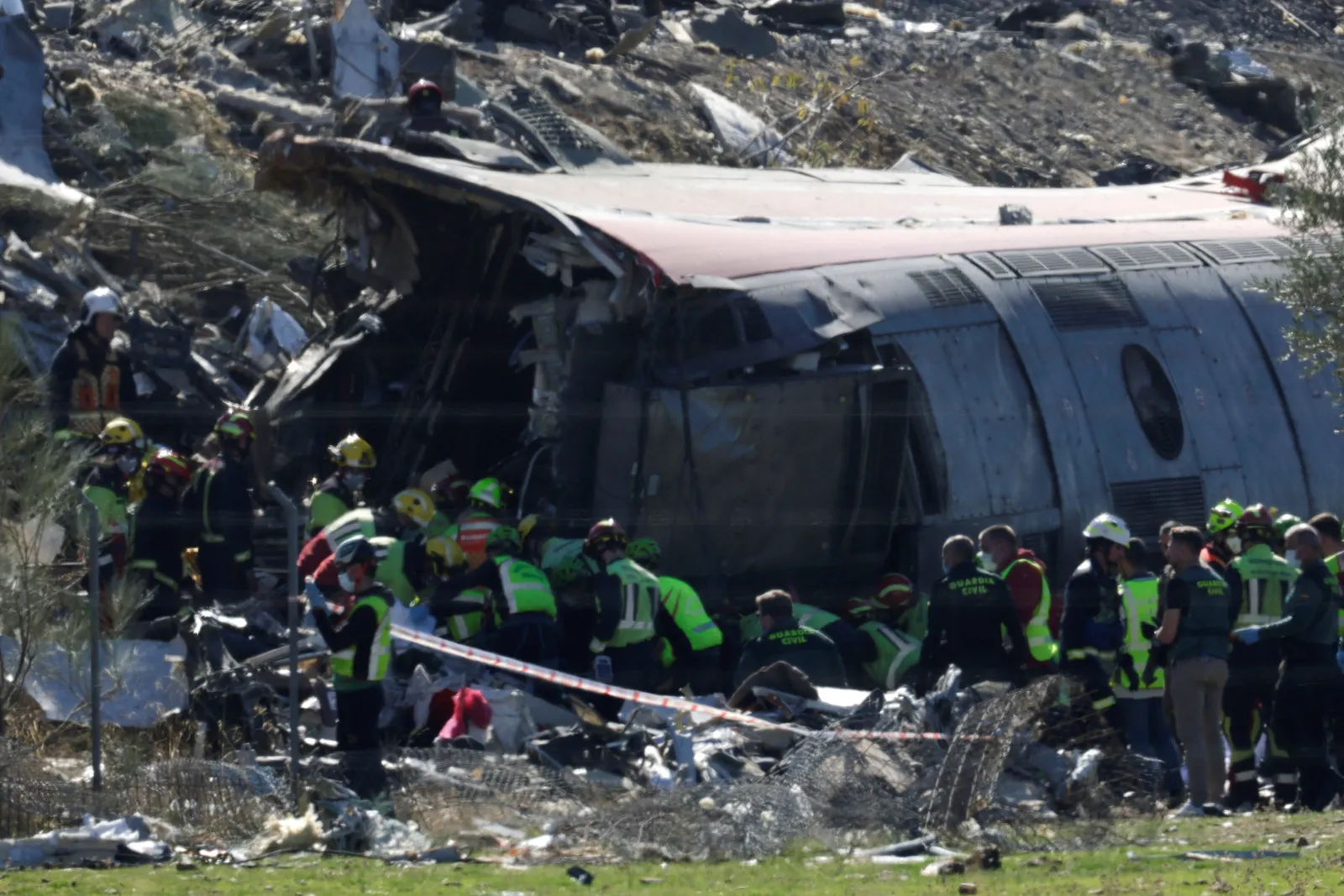 Rescue personnel in central Spain work at the site of a collision of two high-speed trains between the towns of Mora and Orgaz, near Toledo, Spain, Oct. 28, 2026. One train slammed into the rear of another train that had stopped, derailing two cars and killing at least 68 people and injuring hundreds more, said authorities, who expected the death toll to climb. (OSV News photo/Violeta Santos Moura, Reuters)