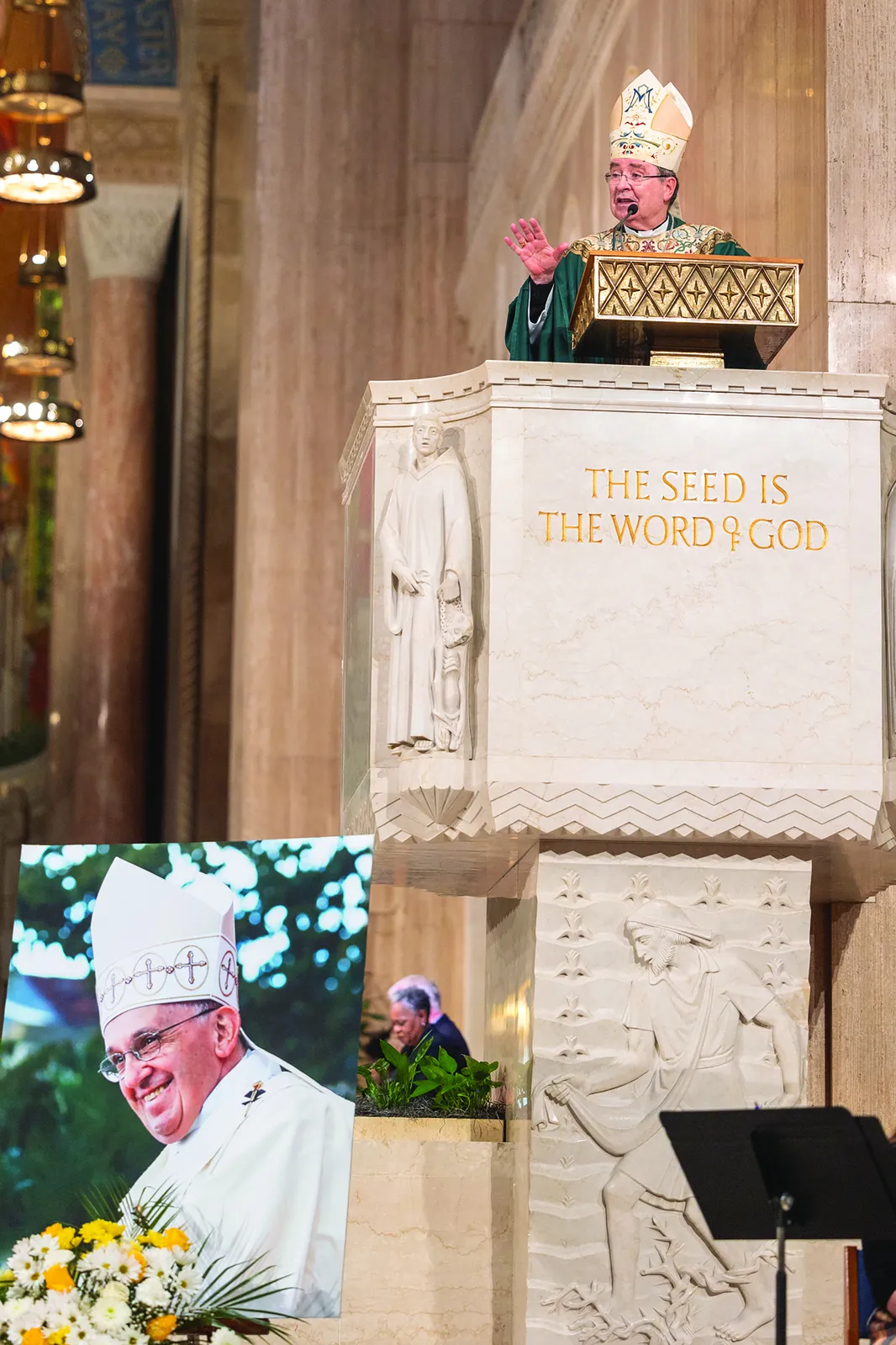 Cardinal Christophe Pierre, the apostolic nuncio to the United States, delivers his homily during the March 2 Mass he celebrated at the National Shrine for the intentions of Pope Francis. A portrait of the pope was placed at the altar during the Mass and the recitation of the rosary that followed. (Catholic Standard photo by Mihoko Owada)