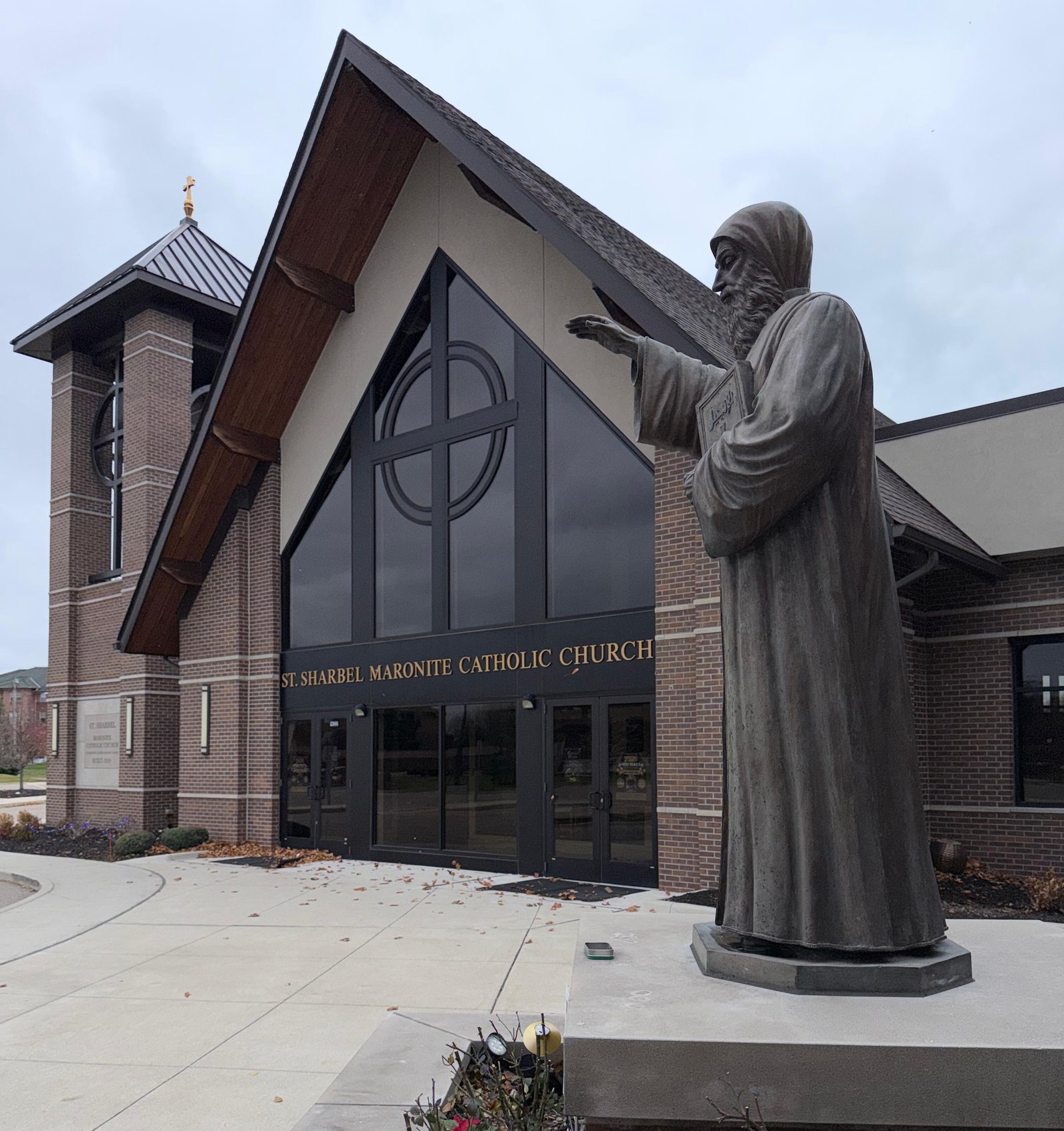 A statue of St. Sharbel is pictured outside St. Sharbel Maronite Catholic Church in Clinton Township. Pope Leo XIV will visit the tomb of St. Sharbel during his visit to Lebanon. Locally, Maronite Catholics are preparing by offering holy hours and special prayers for the pope. (Courtesy of St. Sharbel Maronite Catholic Church)