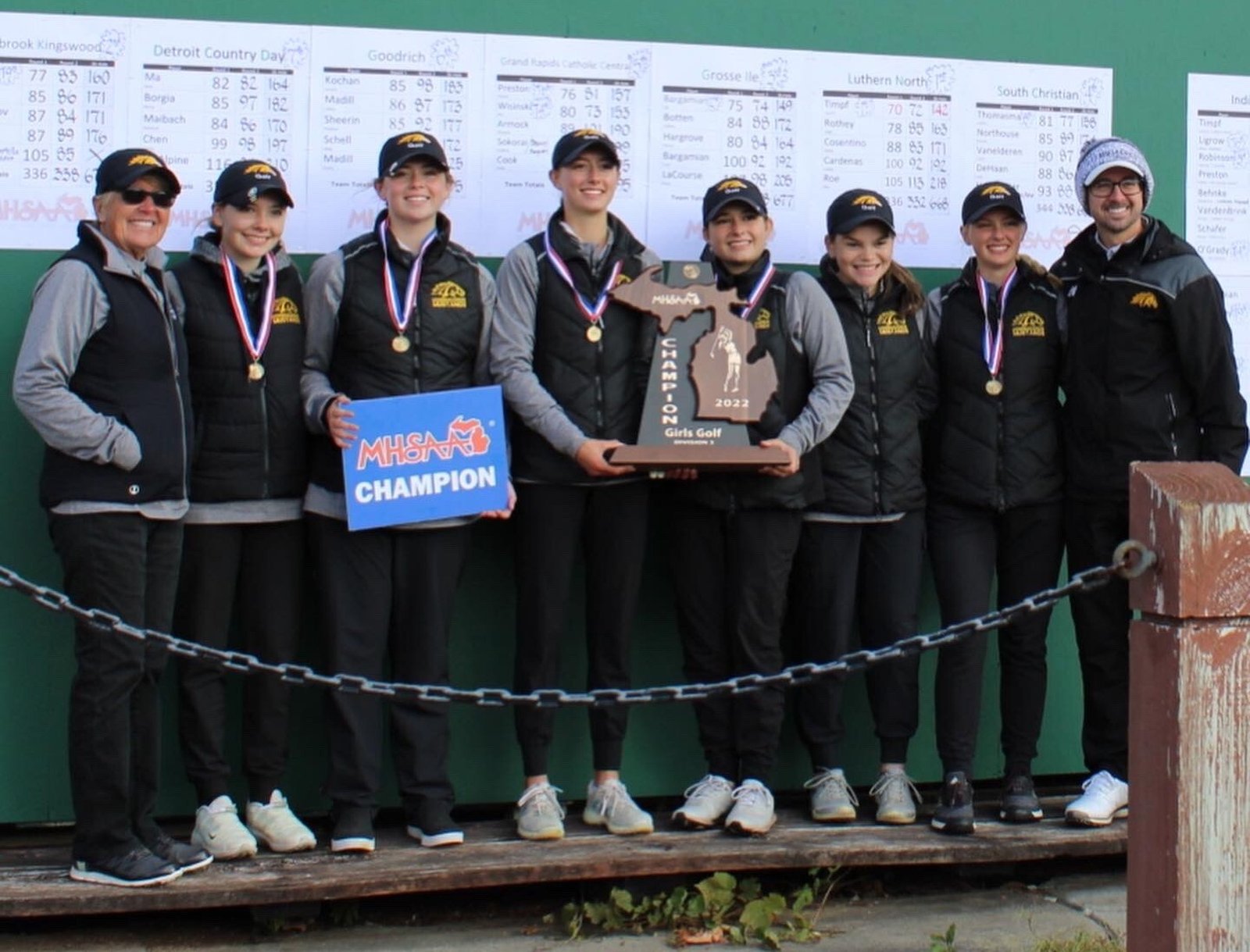 It’s all smiles for the Lutheran North girls golf team, Division 3 state champs. From left to right: Coach Lori Gill, Isabella Vincent, Saige Rothey, Lauren Timpf, Aileen Cosentino, Gabriella Cardenas, Mia Roe, Coach Alex Schlumps. The Mustangs also won in 2015 and 2016. (Photos provided by Lauren Timpf)