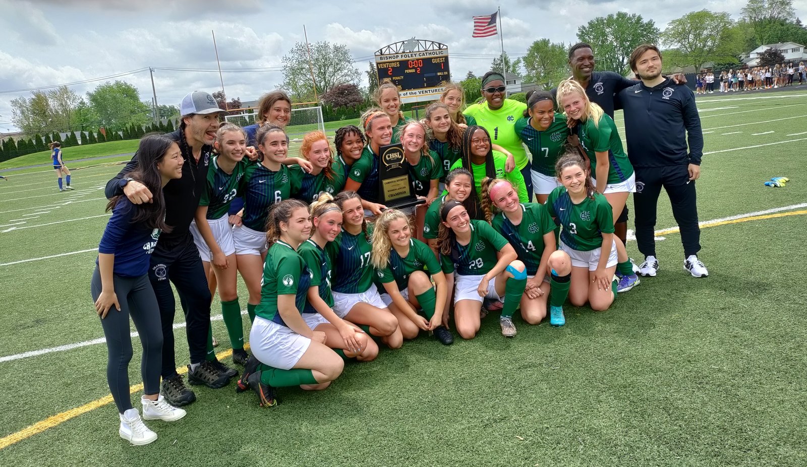 Cranbrook Kingswood celebrates its first Catholic League girls soccer championship since the school joined the CHSL in 2010. The Cranes rallied to beat the Everest/Sacred Heart co-op squad for the Cardinal trophy. (Photo by Don Horkey | Special to Detroit Catholic)